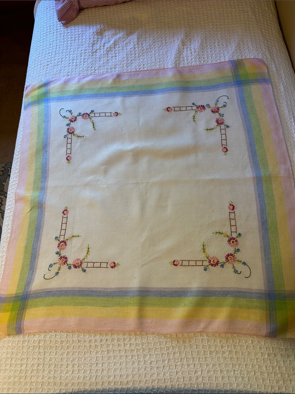 Vintage hand embroidered table cloth with woven border